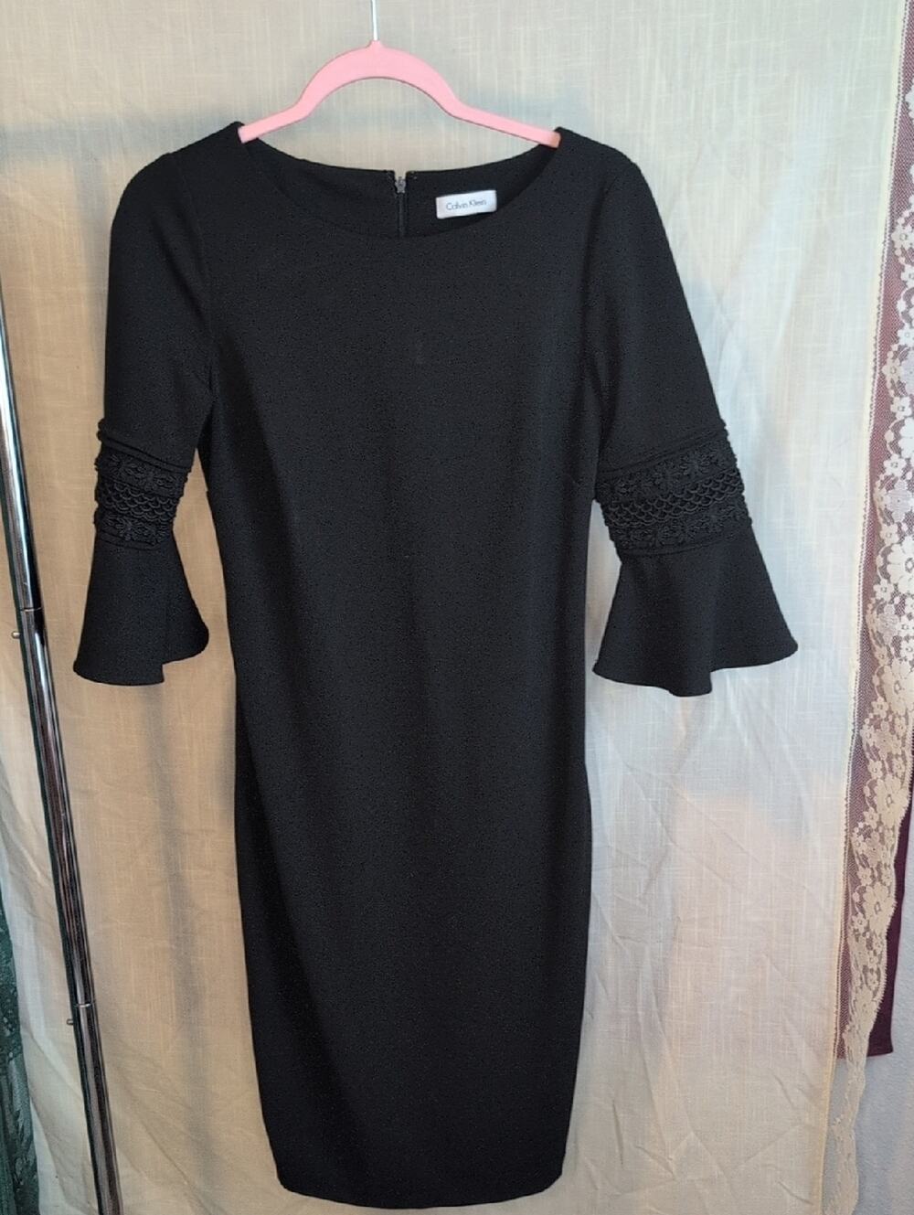 Black Bell Sleeve Sheath Dress with Crochet Trim